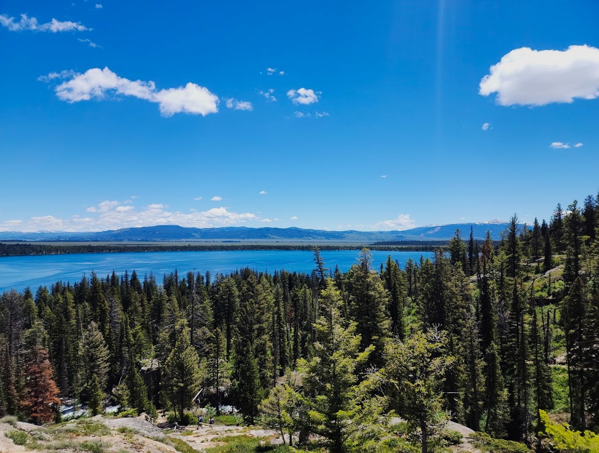 Blue lake bordered by forested hills